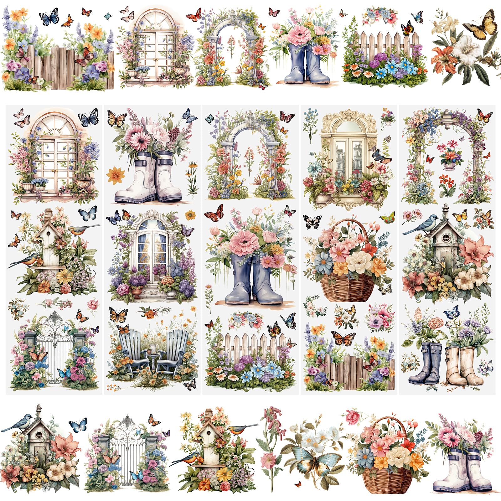 WANDIC 5 PCS Flower Theme Rub On Transfer Sticker,Window&Scenery Sticker Butterfly Decal for Present Packaging DIY Scrapbooking Albums Furniture,10 * 30cm