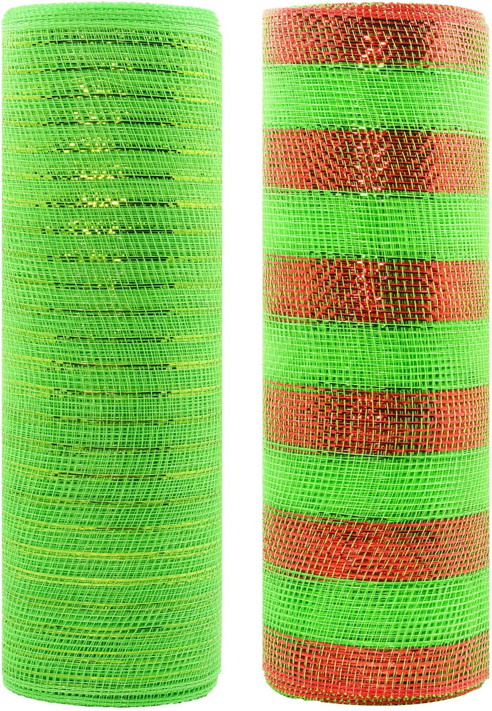 Acekit Deco Poly Mesh Ribbon with Metallic Foil 10 inch x 30 feet Each Roll for Wreaths, Swags Bows Wrapping and Decorating Projects-Light Green+Green with red foil