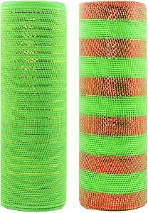 Acekit Deco Poly Mesh Ribbon with Metallic Foil 10 inch x 30 feet Each Roll for Wreaths, Swags Bows Wrapping and Decorating Projects-Light Green+Green with red foil