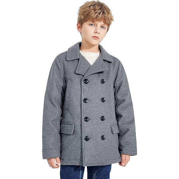 Boys Wool Pea Coat - Single Breasted Trench Winter Coat For Kids, Warm & Classic Style
