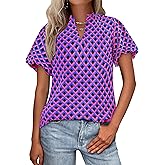 MASCOMODA Boho Short Sleeve Floral Work Blouses for Women Dressy Casual V Neck Puff Sleeve Loose Chiffon Flowy Tops Shirts