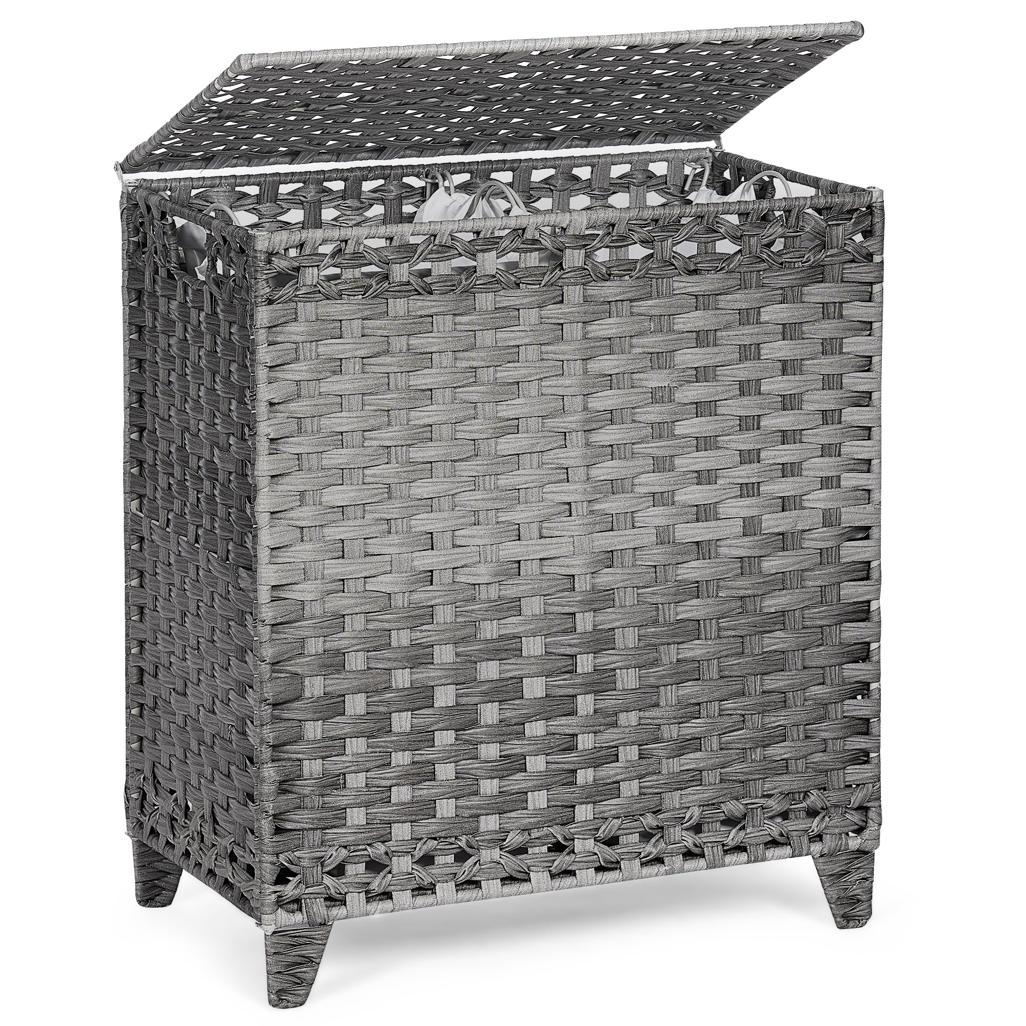 Hermina Laundry Hamper with 2 Removable Liner Bags; 88L Handwoven Rattan Laundry Basket with Lid & Heightened Feet; Clothes Hamper with Side Handles, Gray, HHLH017V2GW