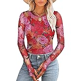 Prinbara Womens Mesh Long Sleeve Going Out Tops with Thumb Holes 2026 Spring Trendy Double Lined Fitted Cute Shirts Outfits