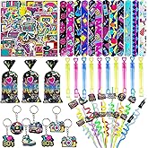 CHSLtmxq 122 PCS 80s Party Decorations 90s Themed Party Favors Supplies Set Slap Bracelets Keychains for Birthday Party 80s Adults Birthday Party Supplies