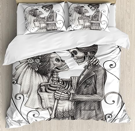 Amazon Com Ambesonne Day Of The Dead Duvet Cover Set Love Skull Skeleton Marriage Eternal Love Theme Spanish Art Decorative 3 Piece Bedding Set With 2 Pillow Shams Queen Size Dimgrey White Home