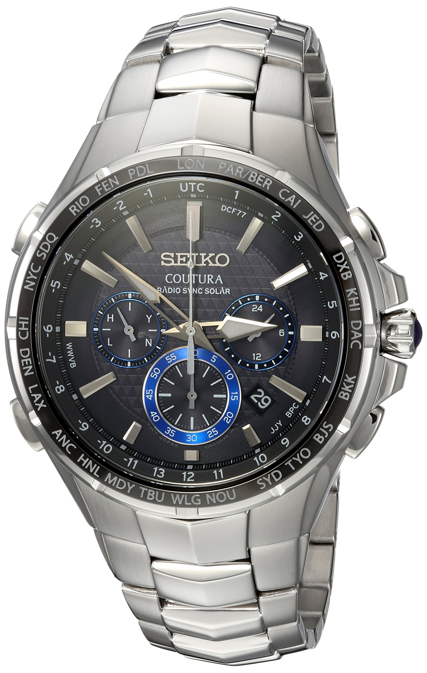 SEIKO SSG010 Watch for Men - Coutura Collection - Radio Sync Solar Chronograph, Two-Tone Stainless Steel Case & Bracelet, Black Dial with Lumibrite Hands & Markers, and Date Calendar