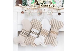 LUBOT 1 Ps Cream 18" Dog Christmas Stockings Bone Pet Plaid/Rustic/Farmhouse/Country Canvas Fireplace Hanging Handmade Xmas Stocking Decorations for Family Holiday Season Decor 2#