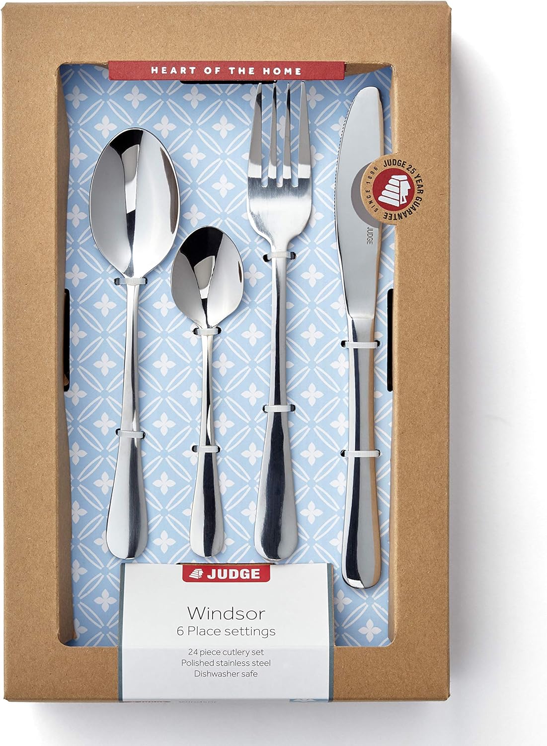 Judge Windsor 24 Piece 18/0 Stainless Steel Cutlery Set for 6 People, Knife, Fork, Spoon and Teaspoon, Silver