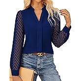 GRACE KARIN Women Business Casual Tops Sheer Lace Long Sleeve Blouses Work Office Pleated V Neck Shirt Fall Formal Outfits