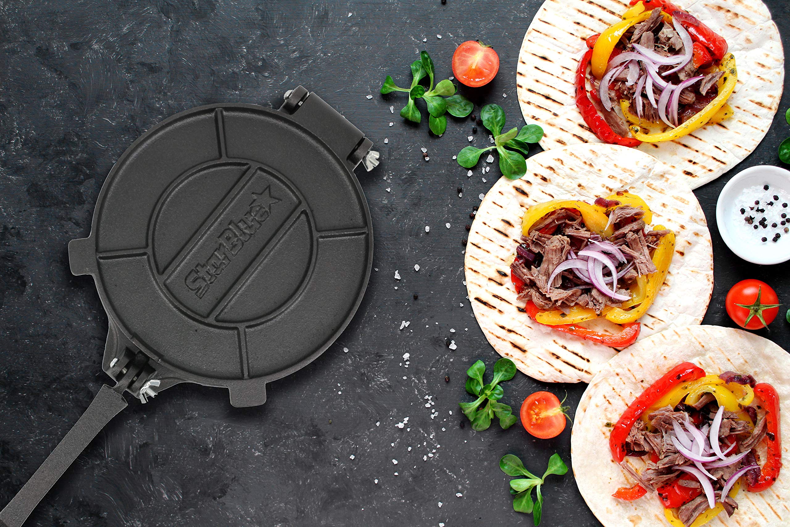 8 Inch Cast Iron Tortilla Press by StarBlue with FREE 100 Pieces Oil Paper and Recipes e-book - Tool to make Indian style Chapati, Flour Tortilla, Roti