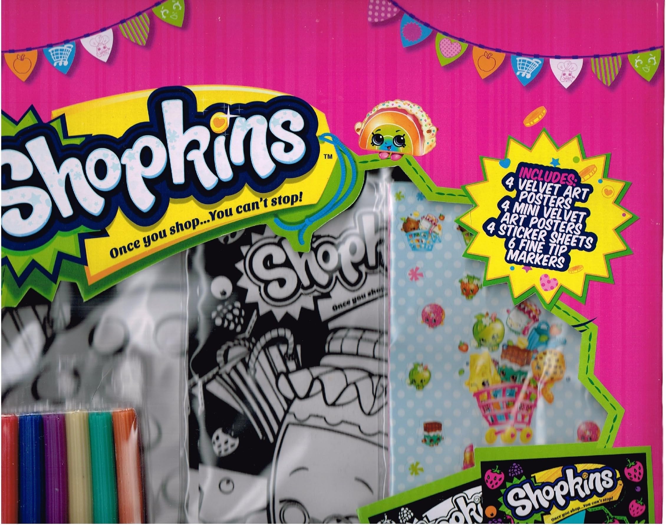 Shopkins Velvet Art Package. Includes Velvet ARt Poster, Mini Art Posters, Stickers, with Fine Tip Markers