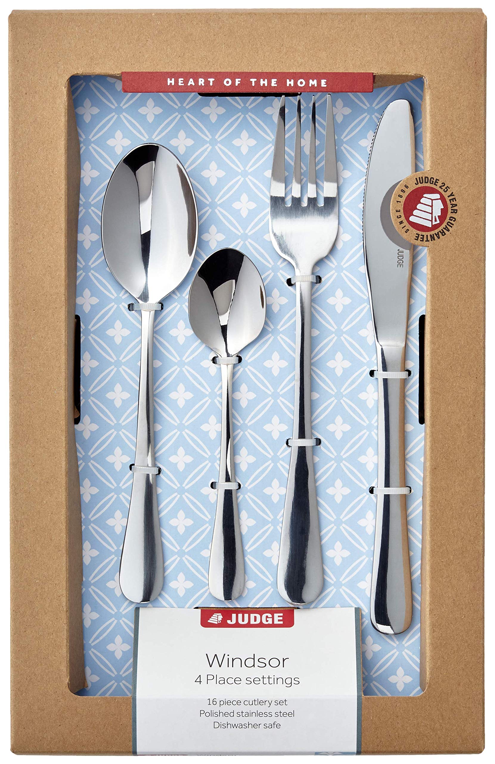 Judge Windsor 16 Piece 18/0 Stainless Steel Cutlery Set for 4 People, Knife, Fork, Spoon and Teaspoon, 25 Year Guarantee