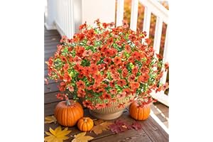 HyeFlora Artificial Fall Flowers Faux Mums for Outdoor Indoor Garden Home Decoration, Faux Flower Daisy with Eucalyptus Leaves Fake Mums Plants Greenery Boxwood Porch Patio, 12 Bundles (Orange)