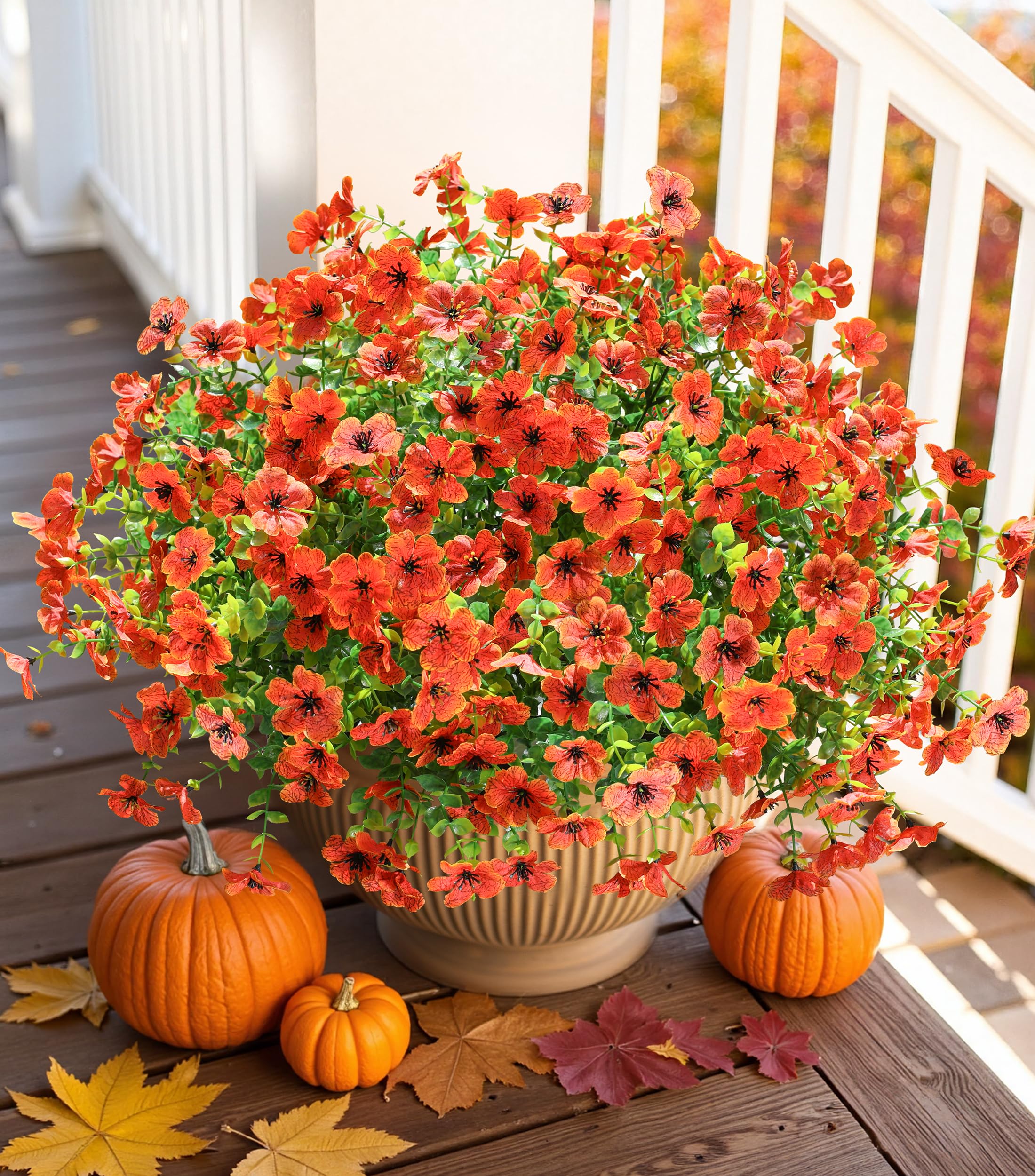 Photo 1 of HyeFlora Artificial Fall Flowers Faux Mums for Outdoor Indoor Garden Home Decoration, Faux Flower Daisy with Eucalyptus Leaves Fake Mums Plants Greenery Boxwood Porch Patio, 12 Bundles (Orange)