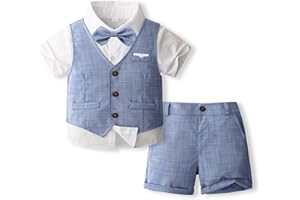 Volunboy Baby Boys Summer Suits Short Sleeve Wedding Ring Bearer Outfits 4Pcs Graduation Dress Vest Shirt Bowtie Shorts Set