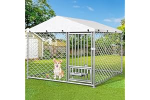Yafylly 6.7' x 6.7' x 5' Outdoor Dog Kennel with Roof, Outside Dog Kennel with Sun-Resistant & Waterproof Cover, Dog Kennel Outside with Rotating Feeding Bowls, Covered Outdoor Kennel for Dogs