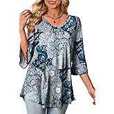 OIDUICOULD 3/4 Length Sleeve Womens Tops Summer V Neck Ruffle Bell Sleeve Casual Knit Shirts