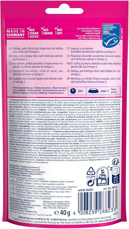 Cat Yums, Katzensnack, mit Lachs, extra fleischig, mit sichtbarer Füllung, unterstützen Haut und Fell, in Vorratsgröße, im wiederverschließbaren Beutel (9x 40g)