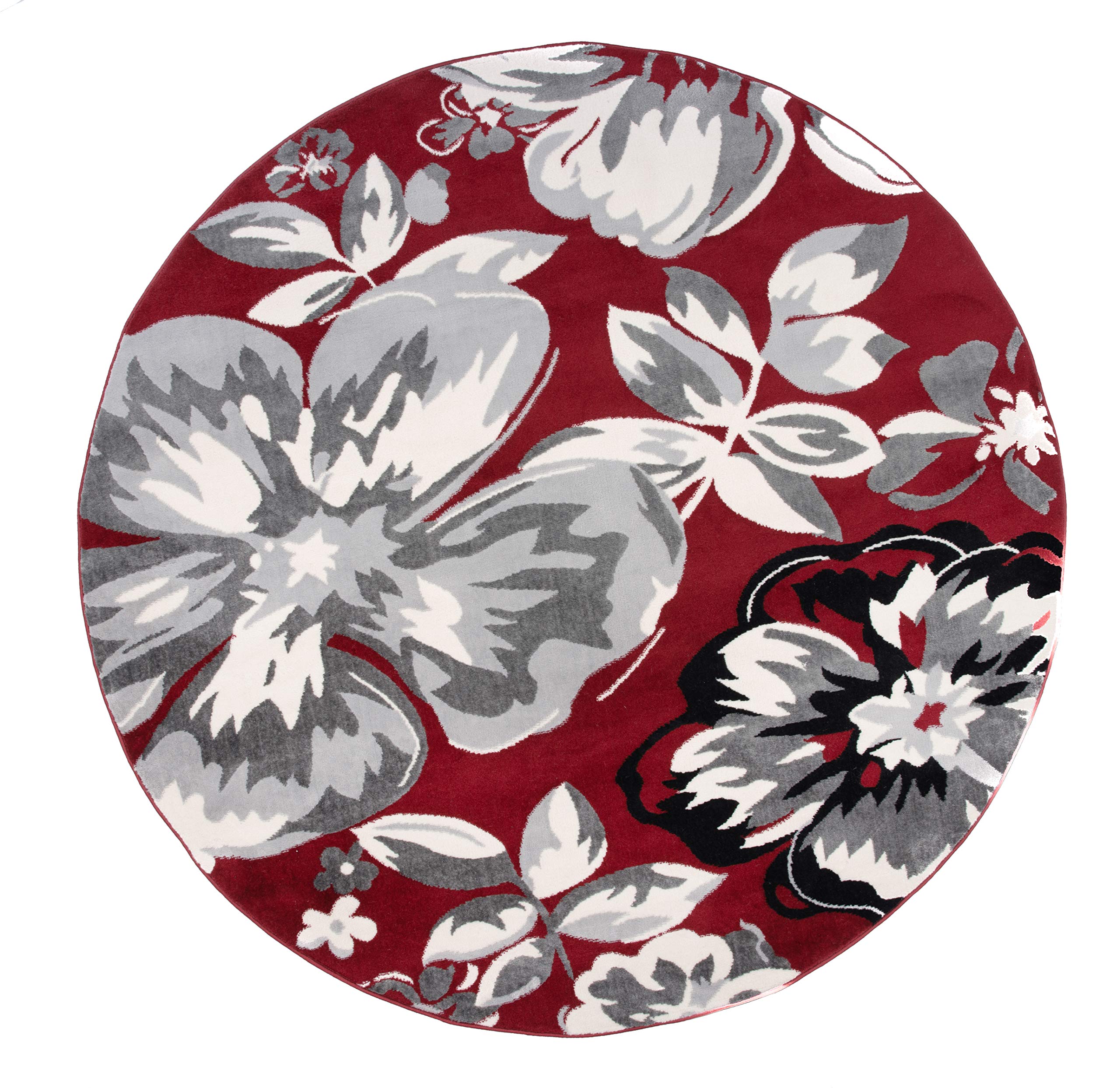 Modern Floral Round Rugs 6' 6" Burgundy/Black (6' 6" Diameter)