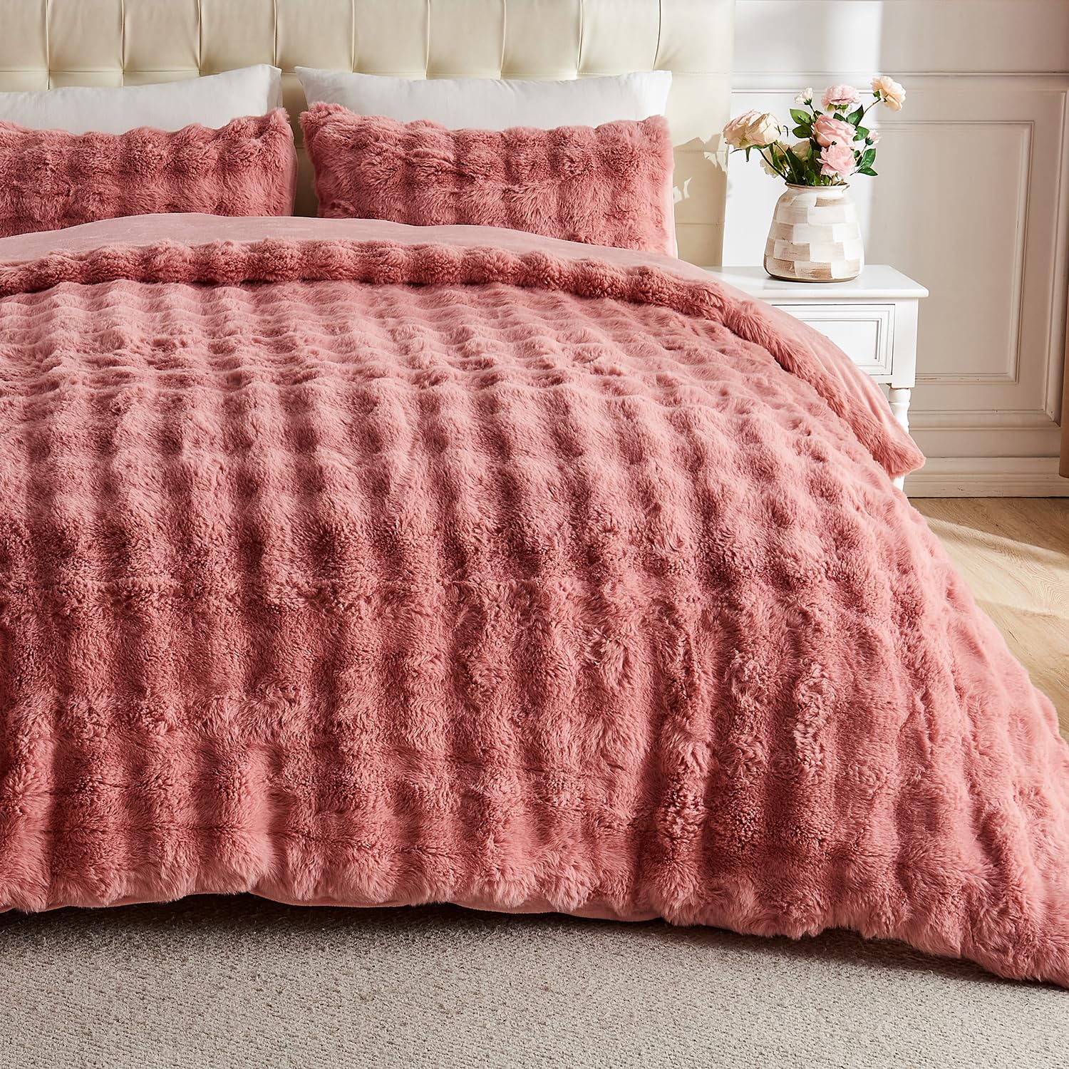 Photo 1 of Lotus Karen Fluffy Comforter Cover Set-Rabbit Fluff Faux Fur Duvet Cover Full Size,Old Pink Plush Fuzzy Furry Bedding Sets 3Pieces(1 Duvet Cover & 2 Pillow Shams),Zipper Closure