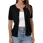 QUALFORT Women's 100% Cotton Cardigans Soft Lightweight Short Sleeve Knitted Crewneck Button Down Sweater