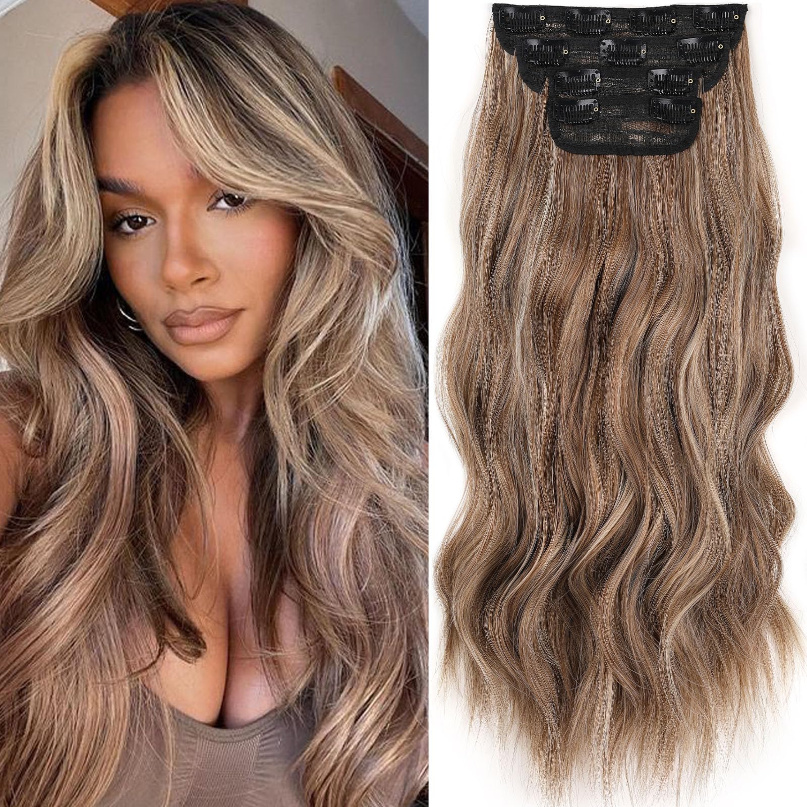 Samtress Clip in Hair Extensions for Women 20 Inch 4 PCS Long Wavy Clip in Hair Extension Synthetic Fiber Thick Hairpieces Brown Mixed Blonde (#8AH18) โ image 1