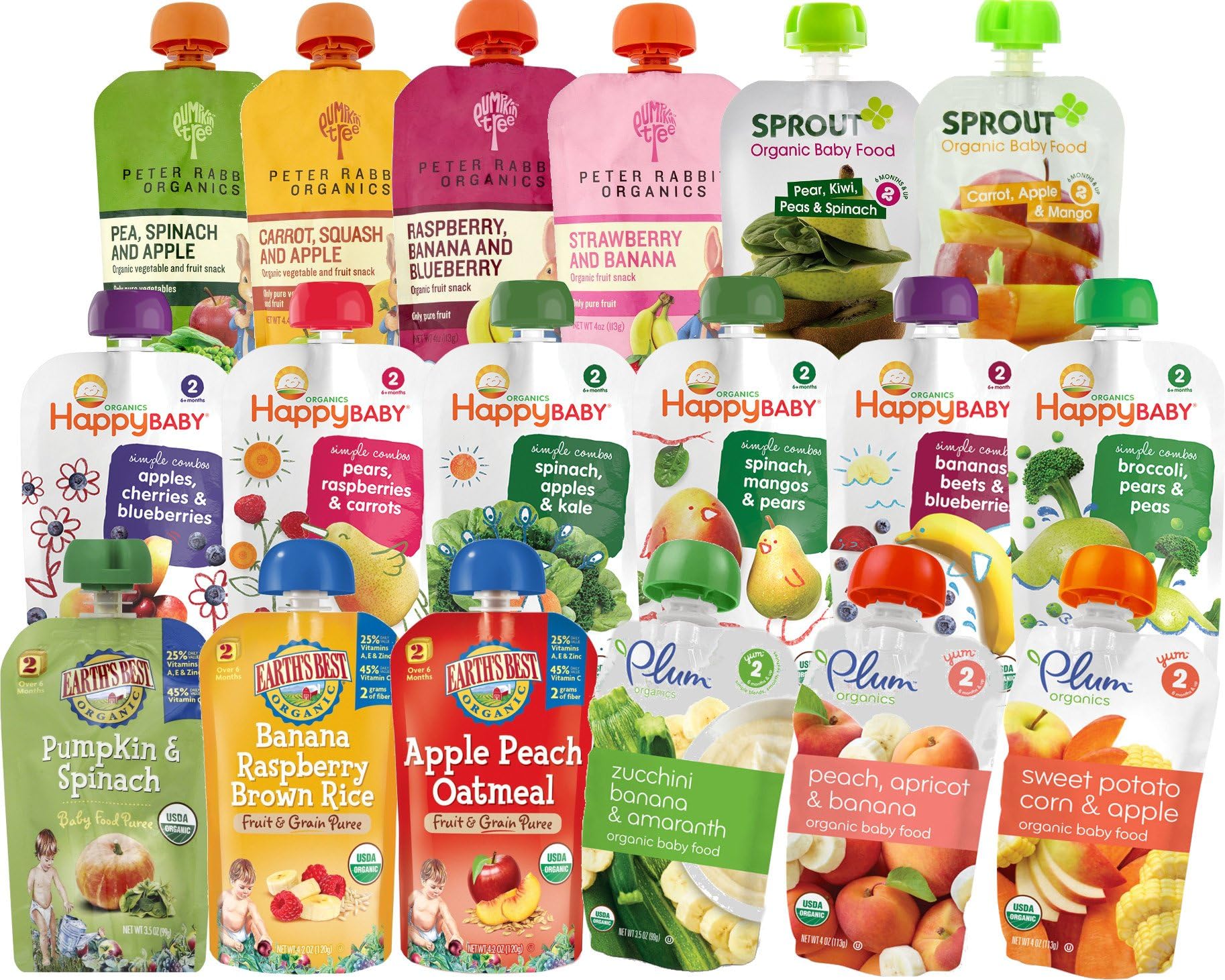 Organic Baby Food Stage 2 Fruit and Vegetable Blends 18-Flavor Variety Pack (18 Pouches) Includes Happy Baby, Sprout, Plum, Peter Rabbit, Earth’s Best