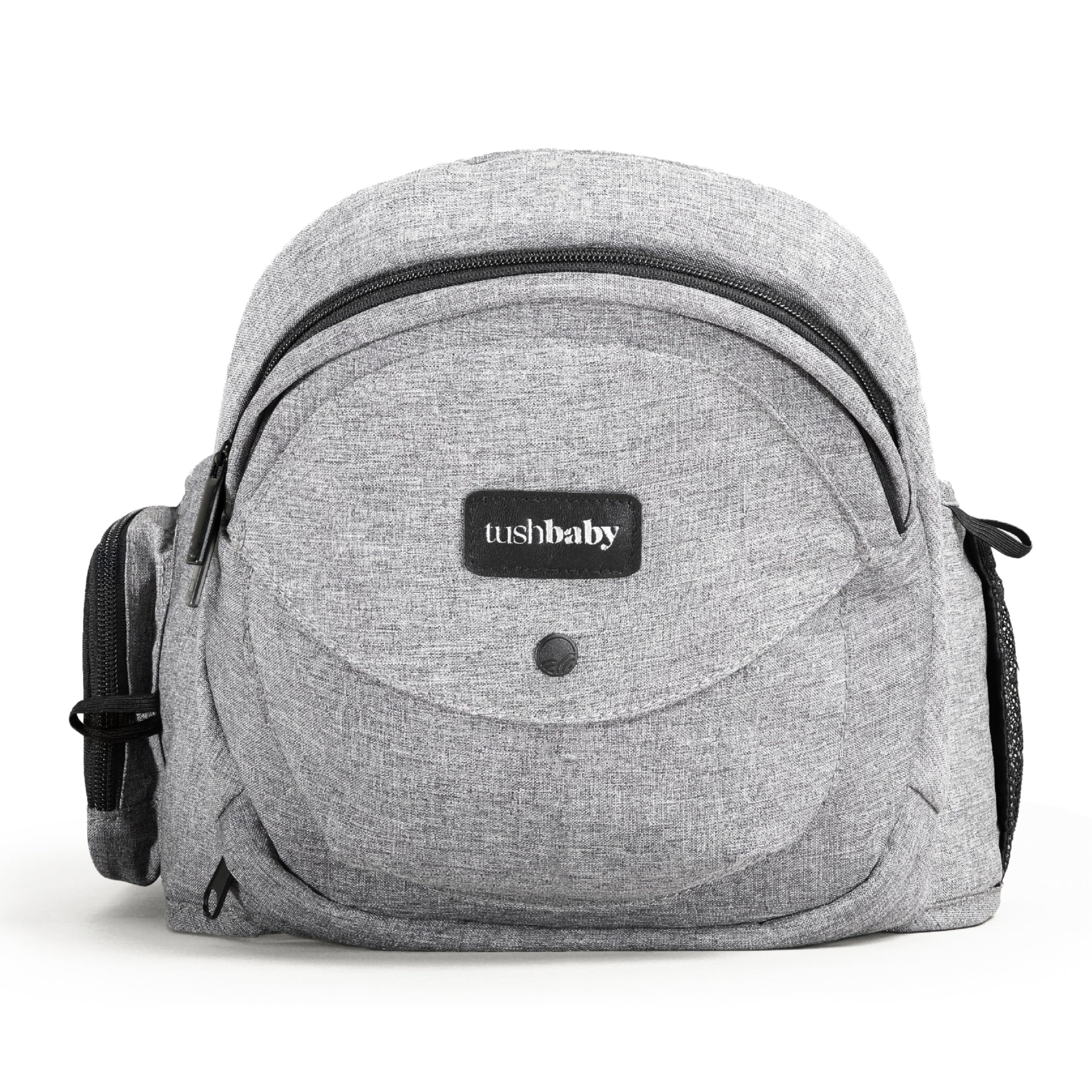 Tushbaby Hip Carrier for Babies & Toddlers (Grey) - Safety-Certified, Machine Washable Child Waist Seat for One Hand Support with Multi-Pocket Storage, 23”- 44” Waist, Holds Kids 0-3 yrs up to 45lbs