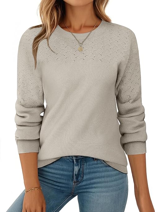 Zeagoo Fall Sweaters for Women 2025 Casual Crewneck Knit Long Sleeve Loose Pullover Sweater Outfits Tops Khaki