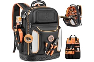 LOKASS Tool Bag Backpack, 75 Pockets & Loops Heavy Duty Tools Organizer Bags/HVAC Tool Carrier for Eelectrician/Construction Work with Molded Base and Combination Lock, Large, Black and Orange