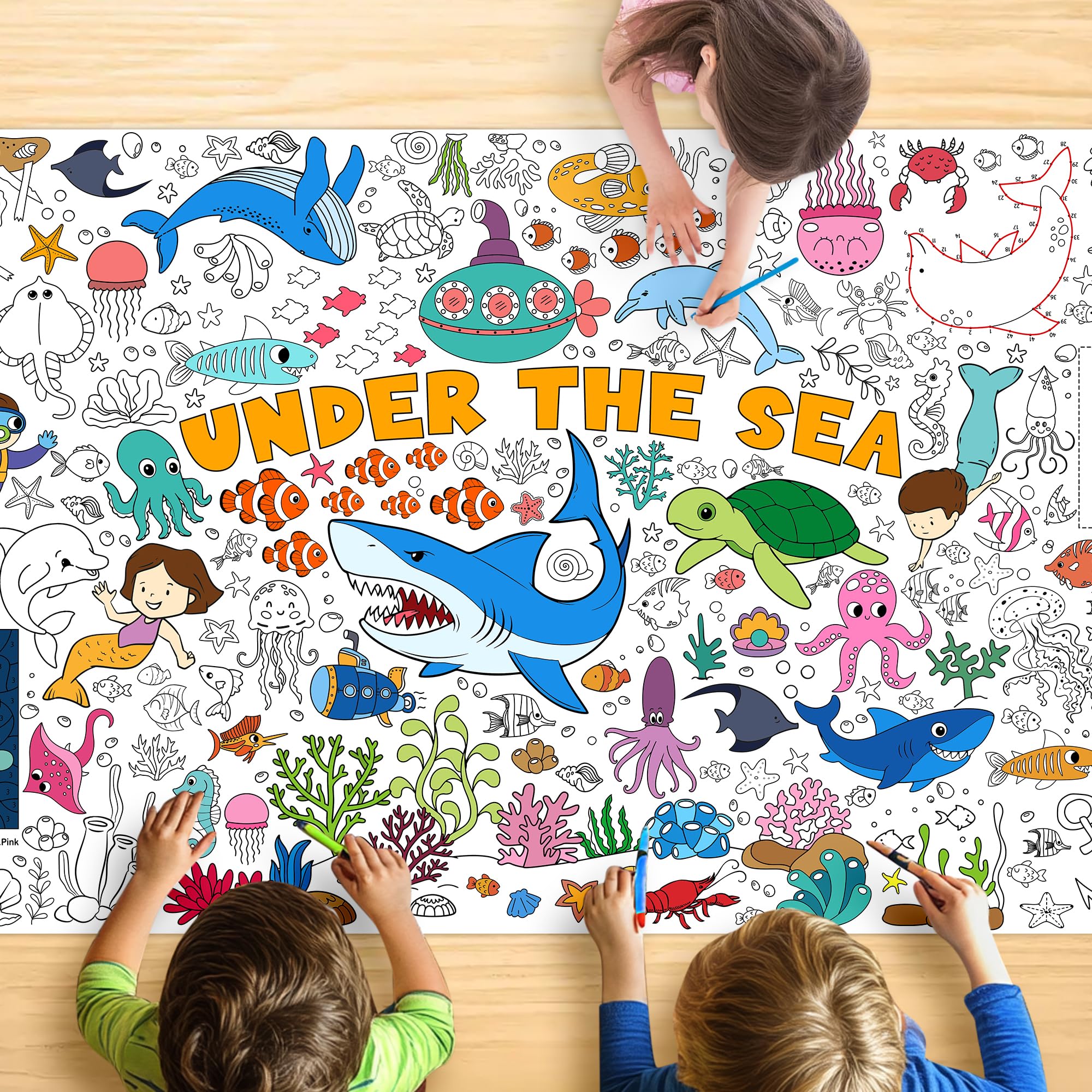 JOYGATHER Under The Sea Coloring Tablecloth for Kids, Giant 30x72 Inch Poster with Shark, Turtle, Ocean Creatures, Perfect for Undersea Party Games, Aquatic Decorations, Classroom Fun, Event Supplies
