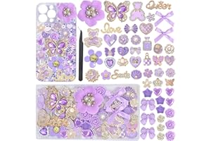 RoedCuoo Junk Phone Case Charms, Big Charms Bulk - Purple Bling Flatback Charm Junk Phone Case Kit,Resin Bear Heart Rose 3D S