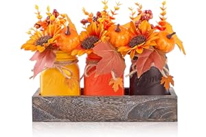 KIVIVO Mason Jar Fall Thanksgiving Centerpieces for Tables Fall Thanksgiving Table Decor, Flower, Wood Tray, Pumpkin Centerpieces Table Decorations for Home Indoor, 25 Pcs Autumn Kitchen Decor