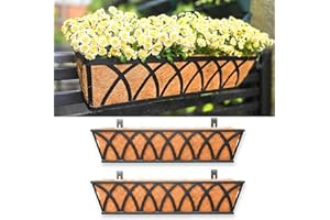 LÁLÁGREEN LaLaGreen Deck Railing Planter Boxes (30 Inch, 2 Pack) Wall Hanging Planters for Outdoor Plants, Black Metal Rectangular Window Flower Box with Coco Liner, Horse Trough Rail Fence Porch Patio Decor