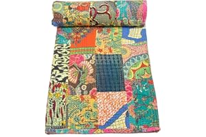 Marubhumi Indian Traditional Pure Cotton Patchwork Kantha Quilt, Paisley Print Kantha Quilt Multi Color (Multicolor-8, Queen (90"x 108"))