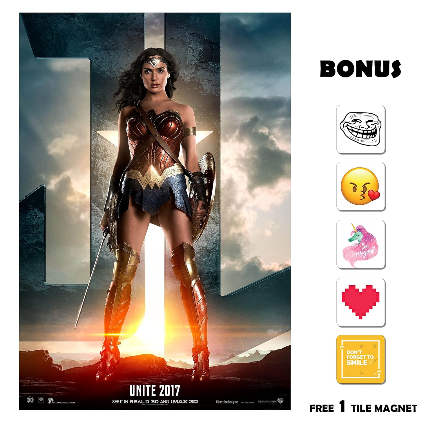 Justice League (2017) - Wonder Woman - 13 in x 19 in Movie Poster Flyer BORDERLESS + Free 1 Tile Magnet