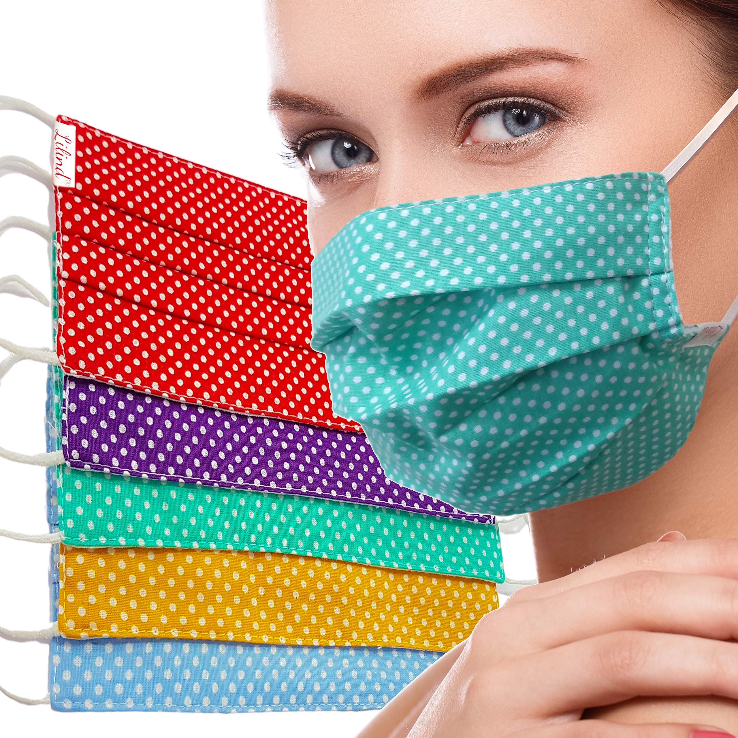 Lilind 5 Pack Face Masks, Comfortable Gift, Handmade in UK, Breathable Soft Cloth, Reusable and Washable Covering, 100% Cotton, 5 pcs Mix Dots