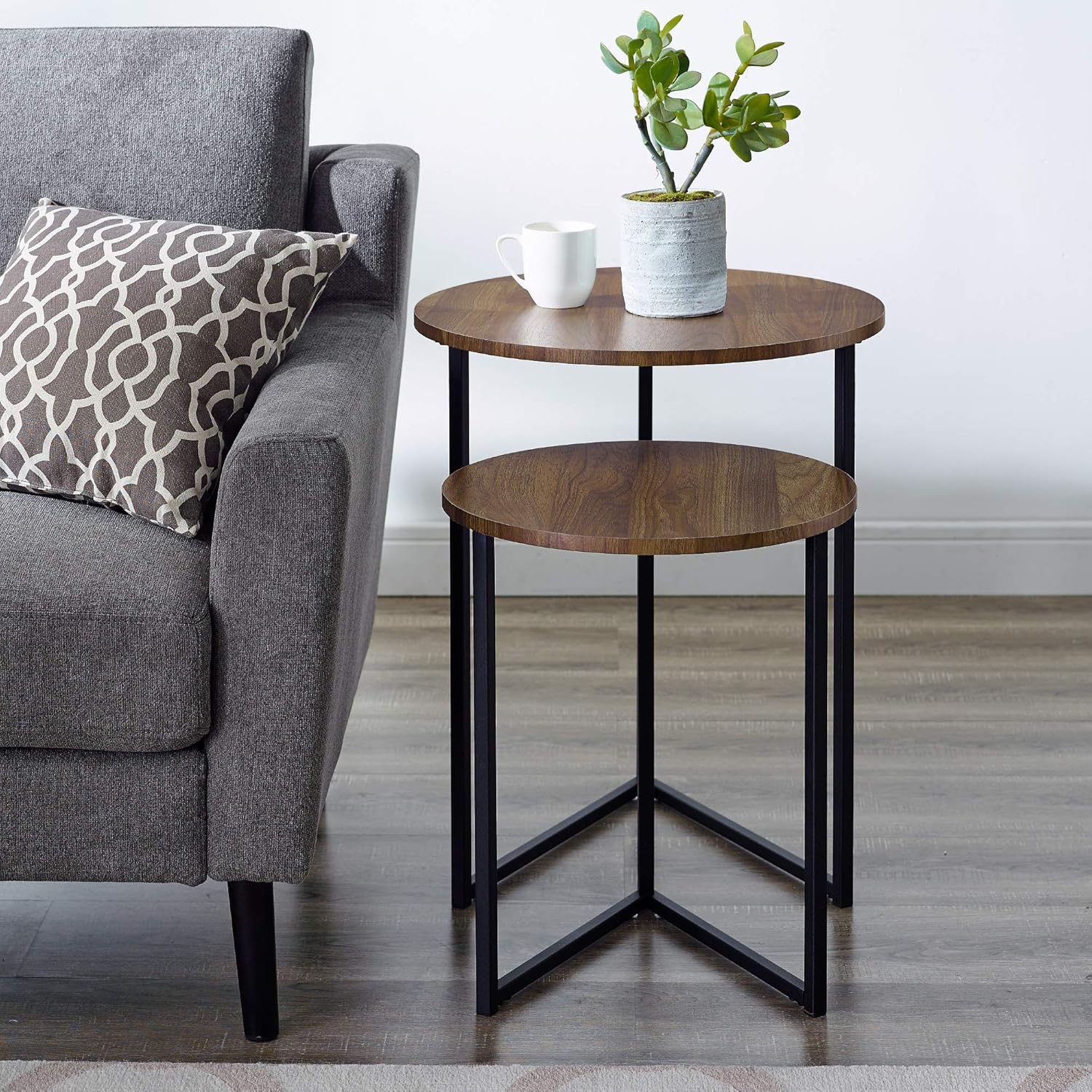 Walker Edison Furniture Company Modern Round Metal Base Nesting Set Side Accent Living Room Storage Small End Table, Set of 2, Walnut Brown: Furniture & Decor