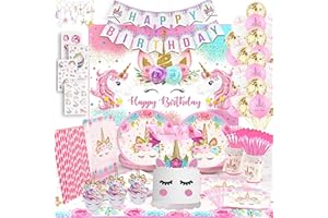 RFAQK Unicorn Birthday Decorations with Backdrop for Girls- Unicorn Party Supplies Serves 16 Includes Happy Birthday Banner, Unicorn Backdrop, Napkins, Plates, Cake Topper, Headband, Sash & Tablecloth