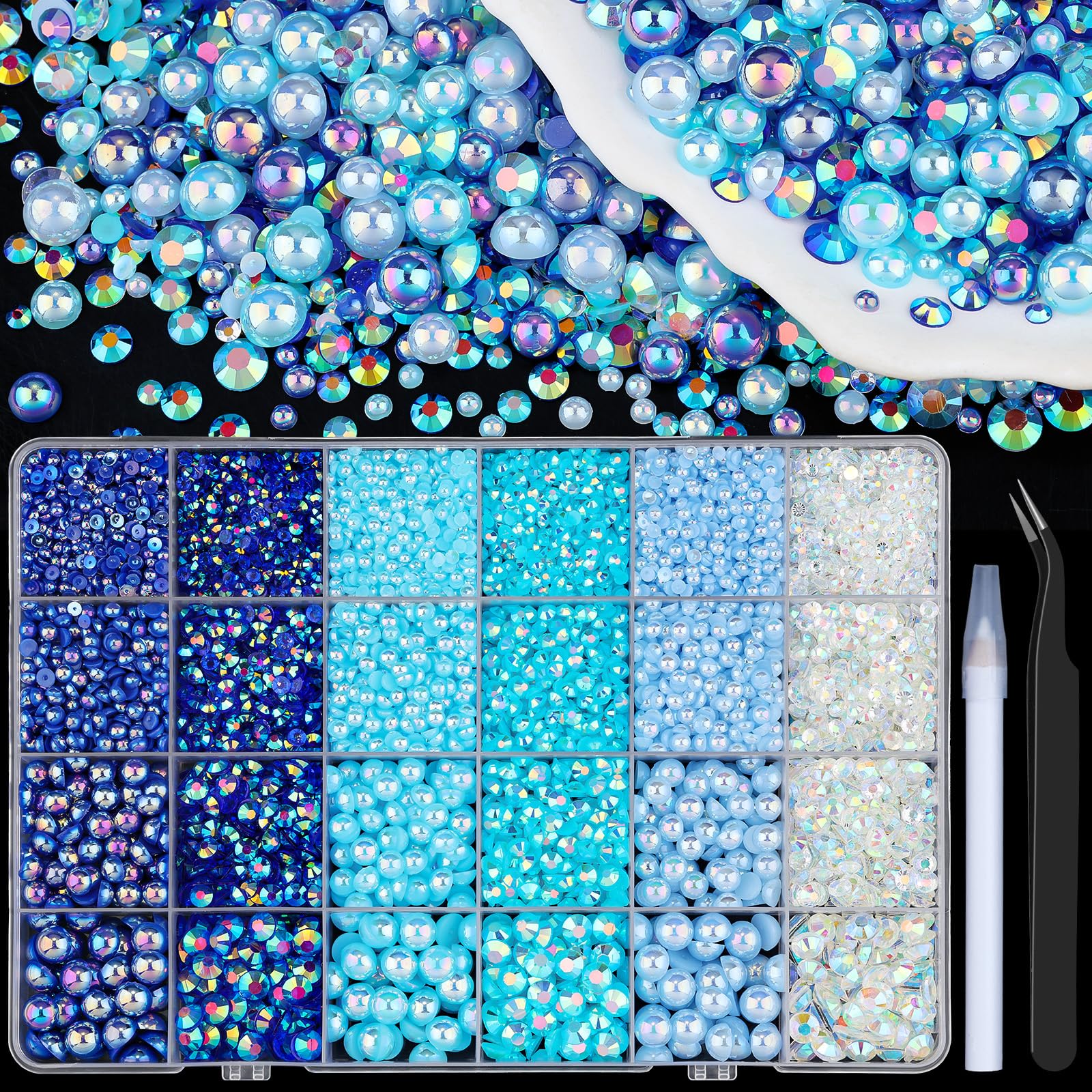 Photo 1 of 10000Pcs Flatback Pearls and Resin Rhinestones for Crafting, Blue 3-8mm Half Pearls and 3-6mm Jelly Rhinestones with Pickup Tools, Bedazzling Gems for DIY Crafts Nail Art