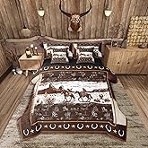 Feelyou Western Aztec Comforter Set 7 Pieces Twin Size Horse Bedding Set Cowboy Rustic Western Decor Country Wild West Down Bed in a Bag Brown White Bed Set with Comforter, Sheet Set, Pillowcases