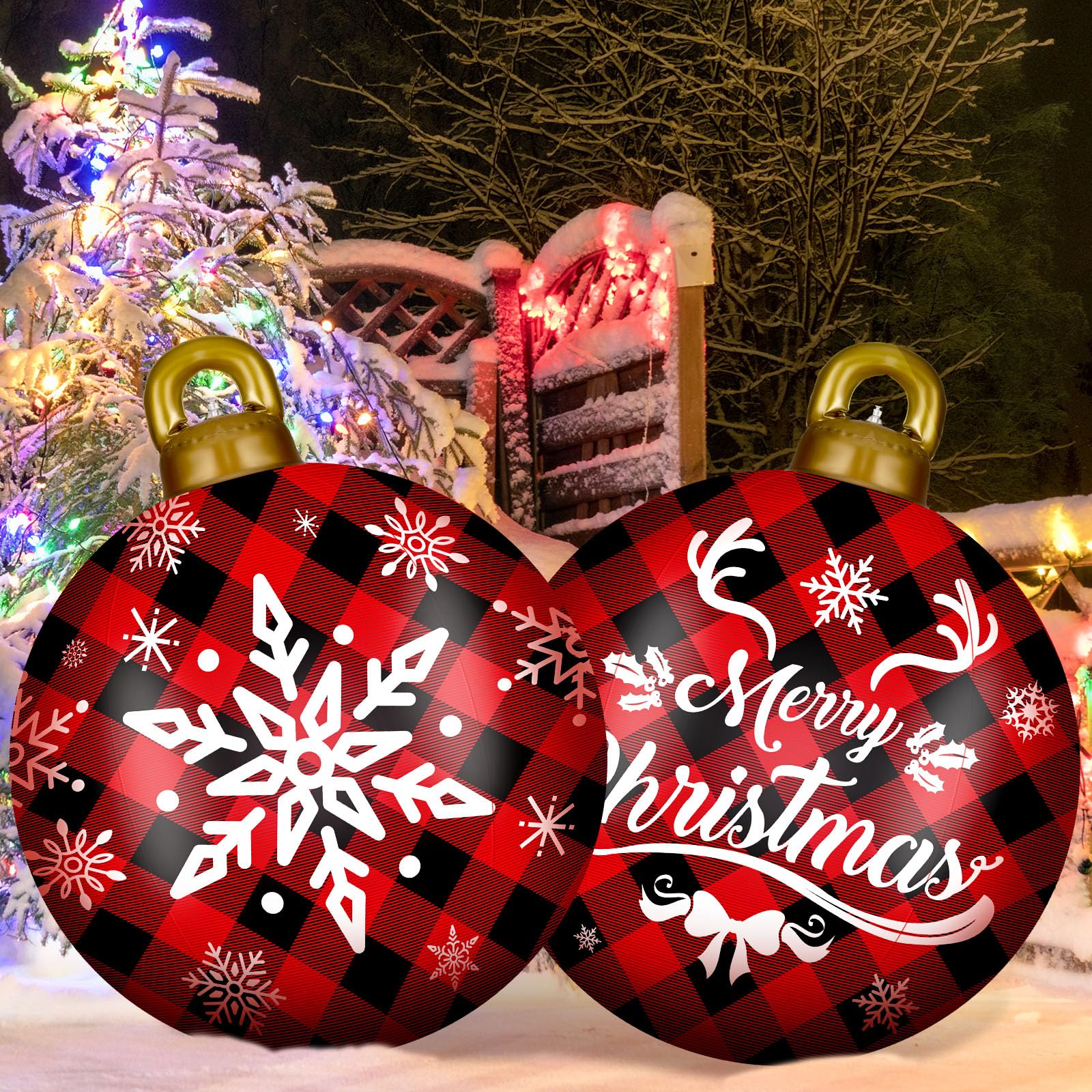 Photo 1 of 2 Pieces 32 Inch Giant PVC Inflatable Christmas Decorated Ball Ornaments Outdoor Large Xmas Blow Ball Decorations for Christmas Themed Party Ornaments(Plaid Style,Red Black)