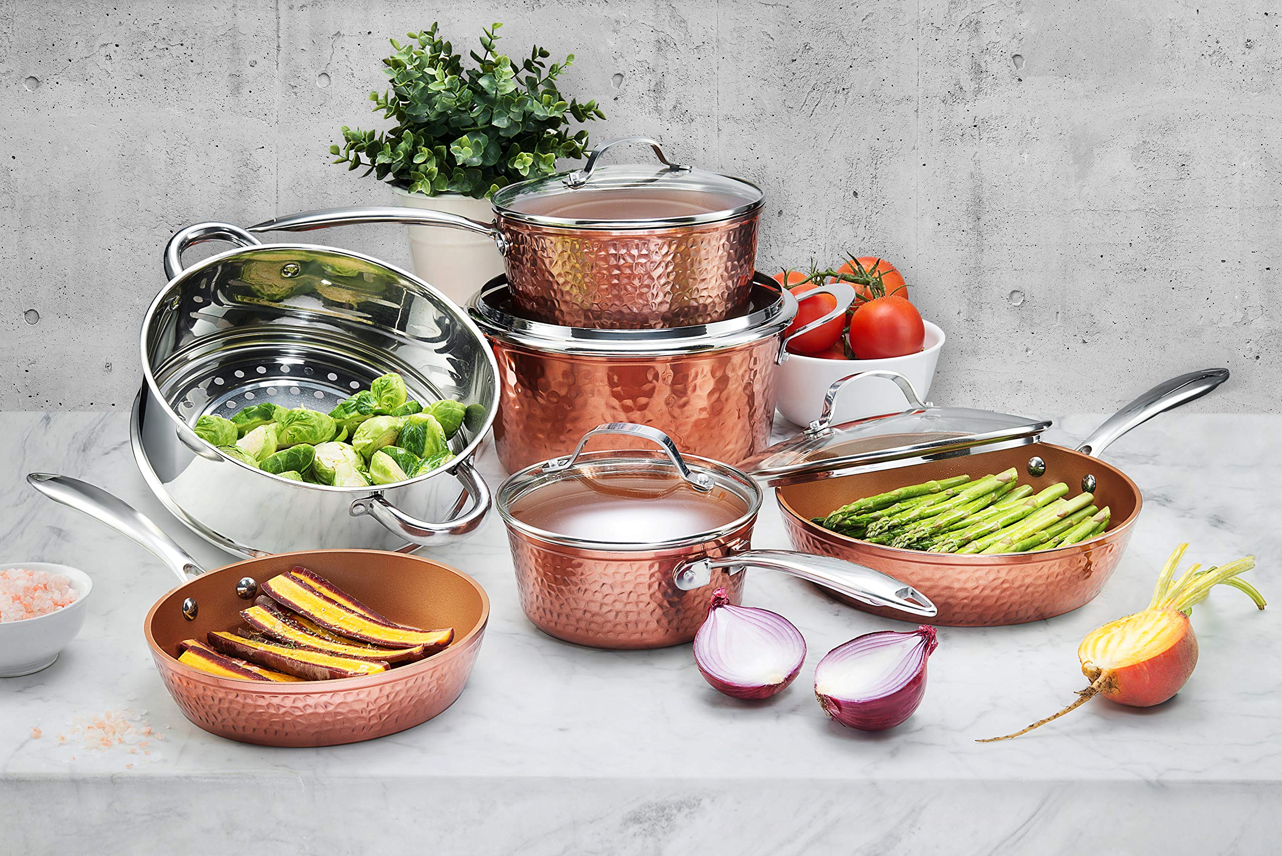 Gotham Steel Pots and Pans Set - Premium Ceramic Cookware with Triple Coated Ultra Nonstick Surface for Even Heating, Oven, Stovetop & Dishwasher Safe, 10 Piece, Hammered Copper