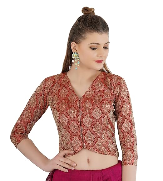 Aar Fashion Women's Banarasi Jacquard Non-Padded Saree Blouse in Red