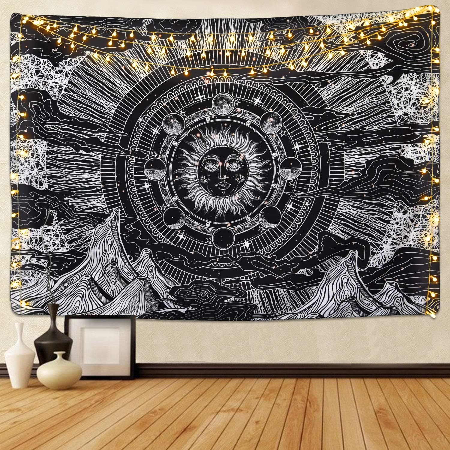 Moon Tapestry, Burning Sun Moon Star Tapestry Mountain Cloud Tapestry Black and White Eclipse Tapestry Moon Phase Tapestry for Room