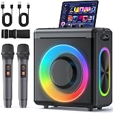 VERKB Karaoke Machine, 2 Wireless Rechargeable Microphones, 150W Speaker | Bluetooth 5.3, 20H playtime, LED lights, Portable, tablet holder and TWS for family karaoke, home parties and outdoor events