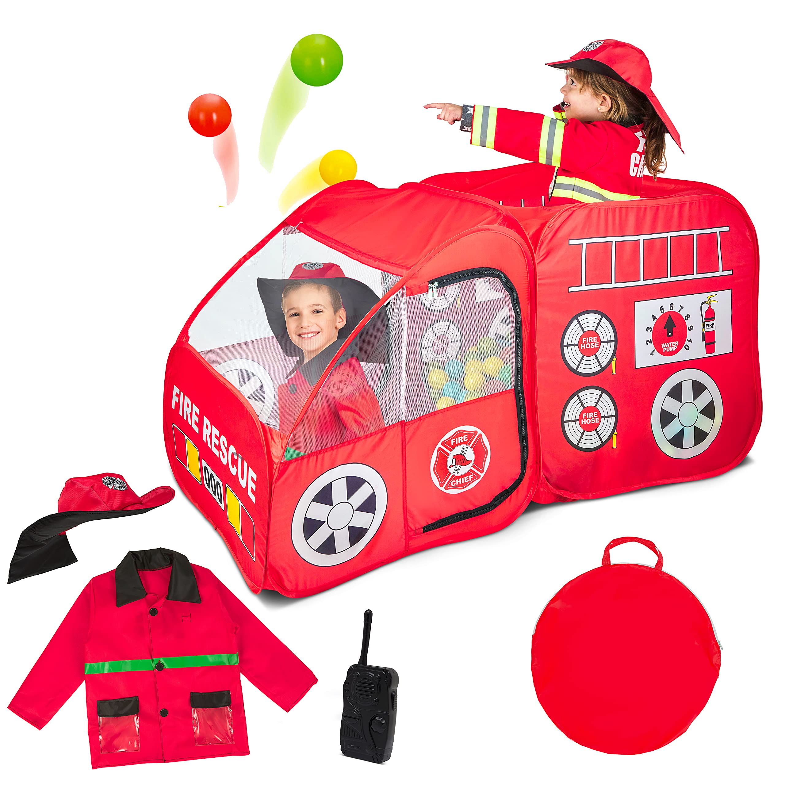 Fire Truck Pop Up Play Tent with Firefighter Costume, Jacket & Hat– Red Fire Engine Playhouse for Kids, Toddlers, Boys, Indoors & Outdoors – Foldable, Quick Setup Pretend Play Toys & Gift
