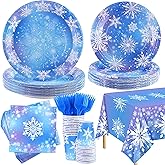 durony 145 Pieces Frozen Birthday Party Supplies Disposable Tableware Winter Snowflake Paper Plates Napkins Cups Forks Tablecloth for Christmas Winter Wonderland Frozen Party Decorations