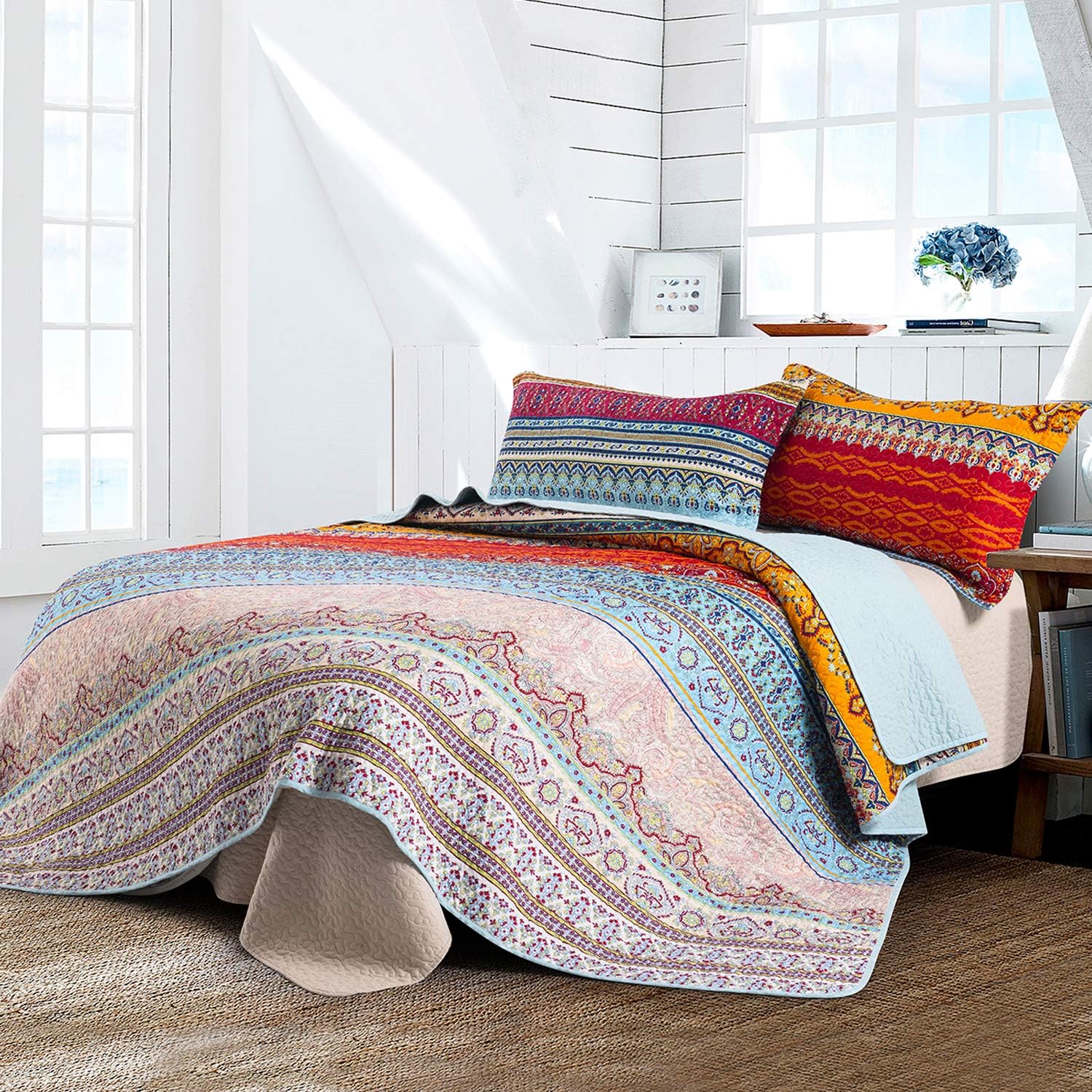 Quilts Home Retro Striped Pattern Printed Quilted Coverlet HONOVA Boho