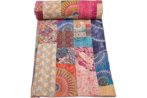 Marubhumi Indian Traditional Pure Cotton Patchwork Kantha Quilt, Paisley Print Kantha Quilt Multi Color (Multicolor-20, Queen (90"x 108"))